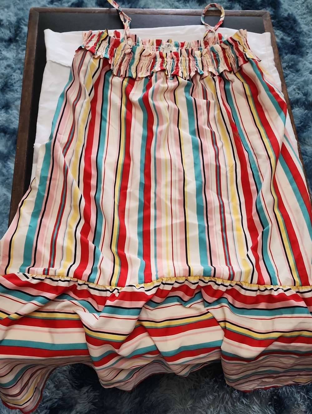 Umgee Multi Color Vertical Stripe Smocked Ruffle Midi Dress Small